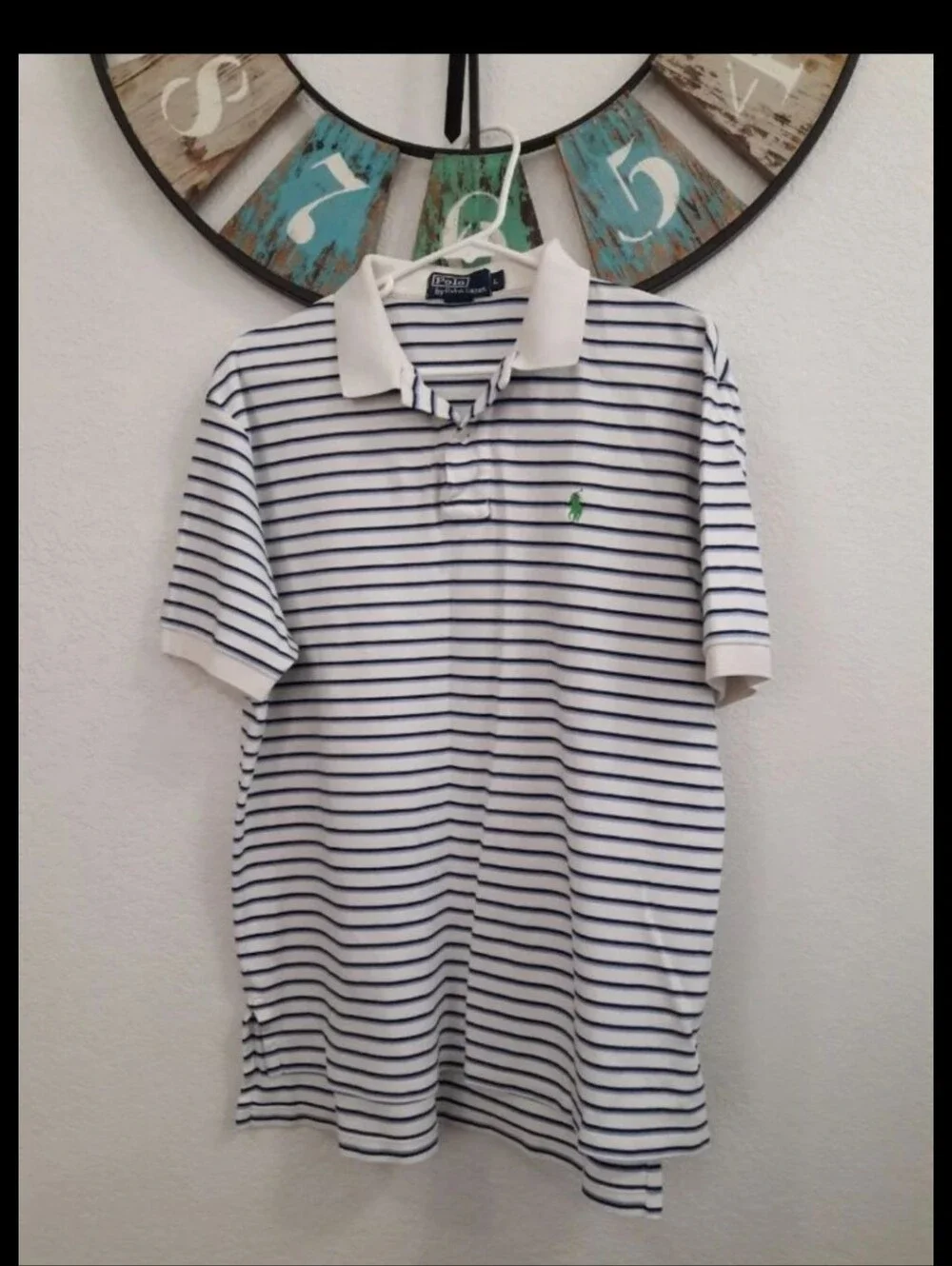 Polo Ralph Lauren White & Navy Striped Polo Shirt Size L